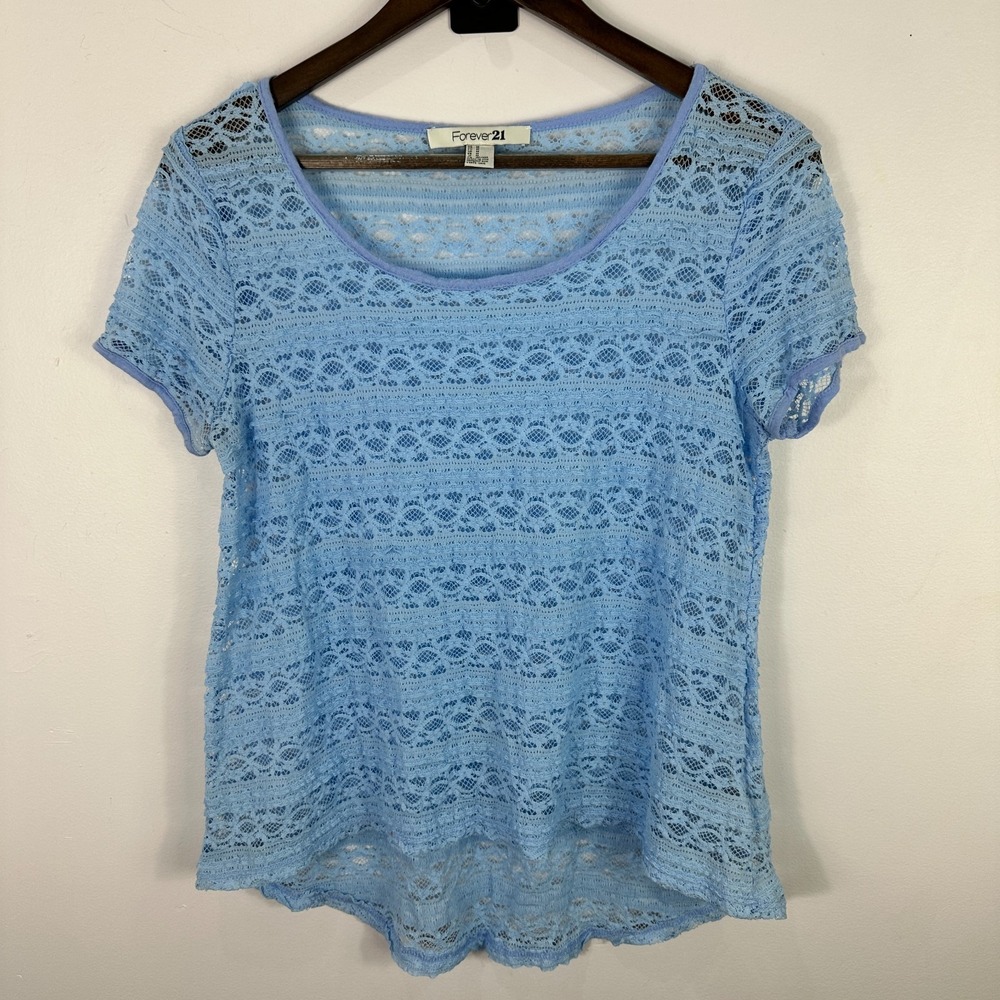 Forever21 Sheer Lace Top Women Medium Blue Short Sleeve‎ Layering Fairy Feminine